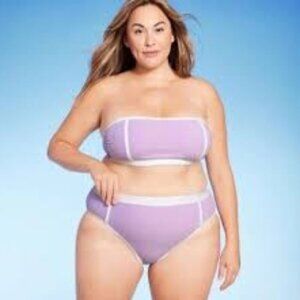 KONA SOL PLUS SIZE LAVENDER WHITE TEXTURED BANDEAU & HIGH WAIST BIKINI 3X NWT